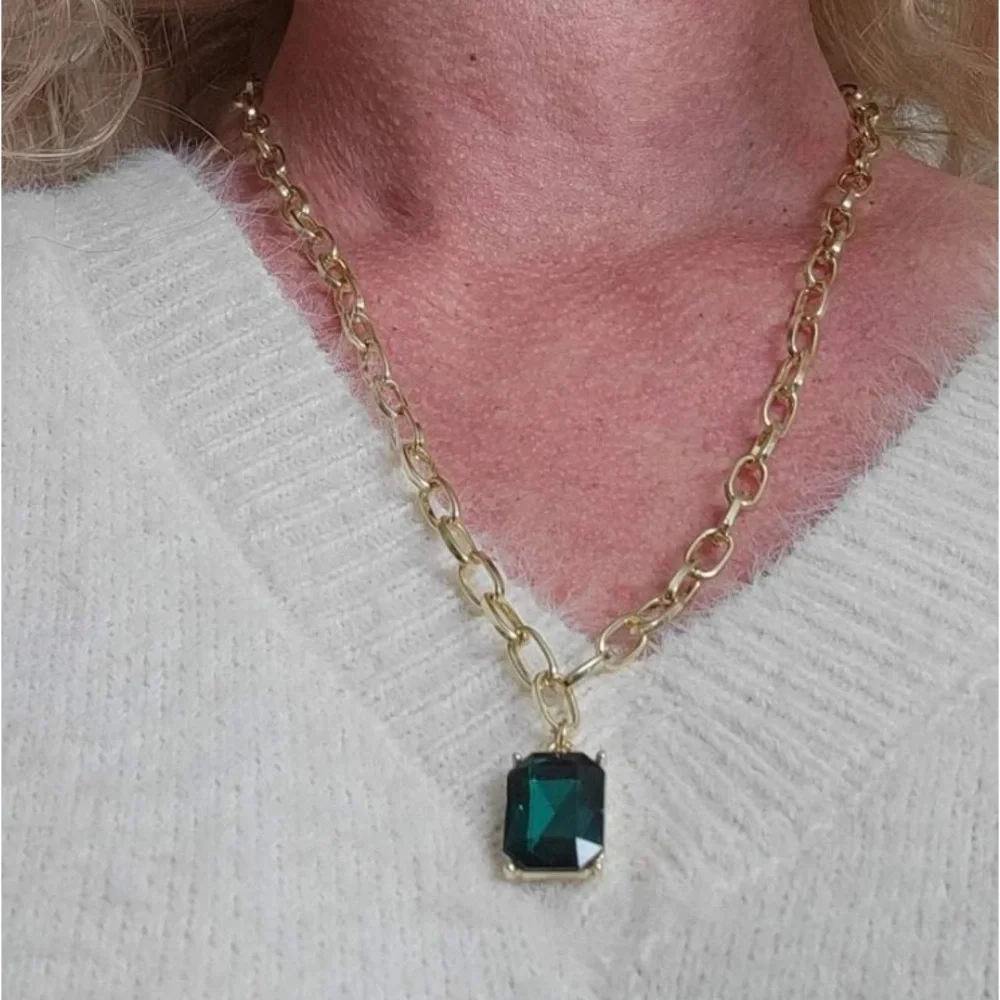 Stunning Geometric Emerald Green & Gold Chunky Bold Chain Necklace - Picture 8 of 10